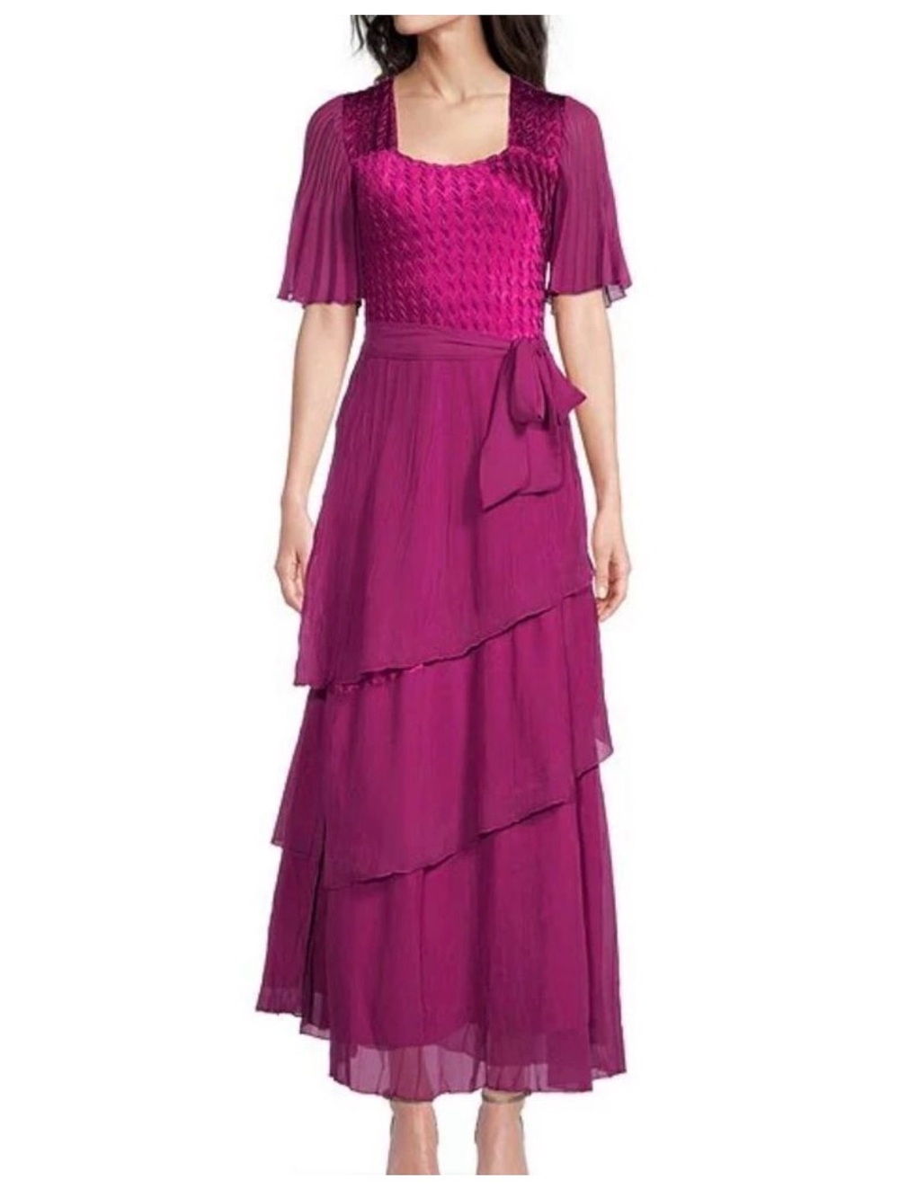 Komarov Flutter Sleeve Tiered Chiffon Magenta Maxi Dress